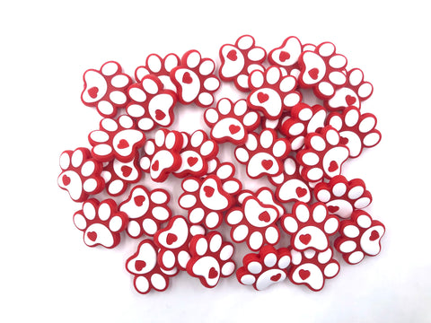 Paw Print Silicone Beads--Red & White