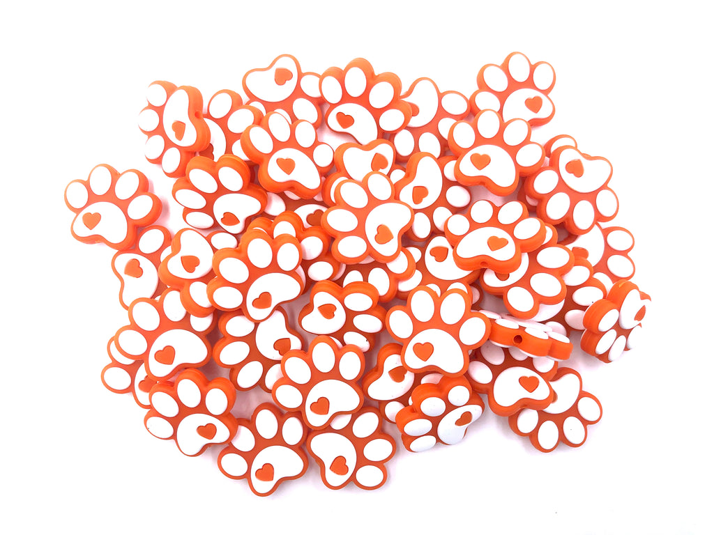 Paw Print Silicone Beads--Orance & White