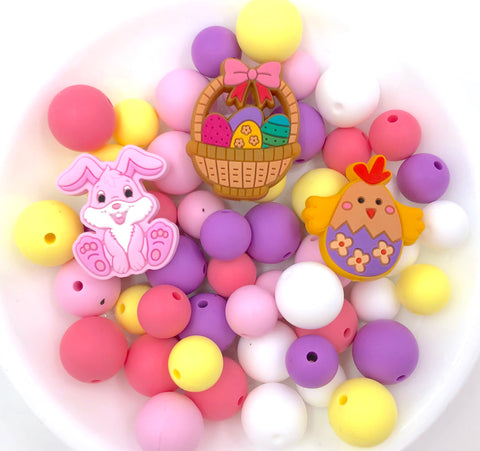 Easter Silicone Focal Bead Mix--Baby Pink, Perfectly Pink, Light Yellow, Lavender Purple, White