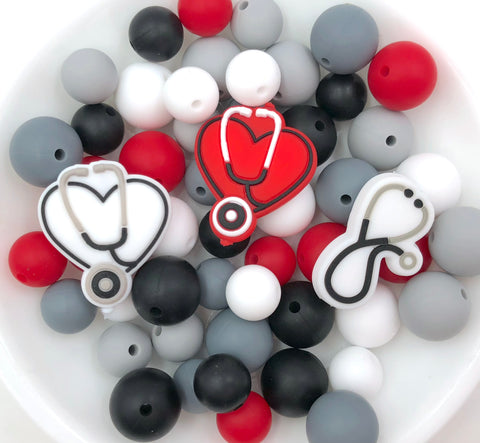 Stethoscope Silicone Focal Bead Mix--White, Light Gray, Red, Black, Gray
