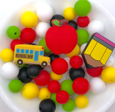 School Days Silicone Focal Bead Mix--White, Strawberry Red, Black, Green, Yellow Mix