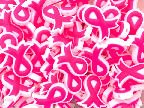 Bright Pink Ribbon Silicone Beads--Breast Cancer Awareness