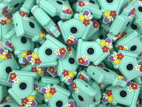 Mint Green Bird House Silicone Beads