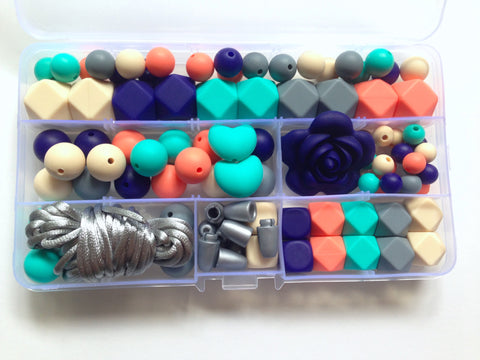 Beige, Navy, Turquoise, Salmon & Gray Deluxe Silicone Necklace Kit