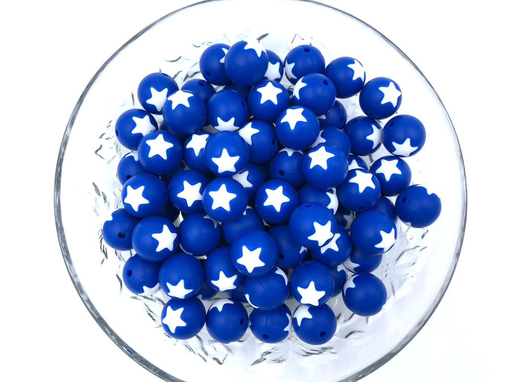 15mm Royal Blue and White Star Silicone Beads