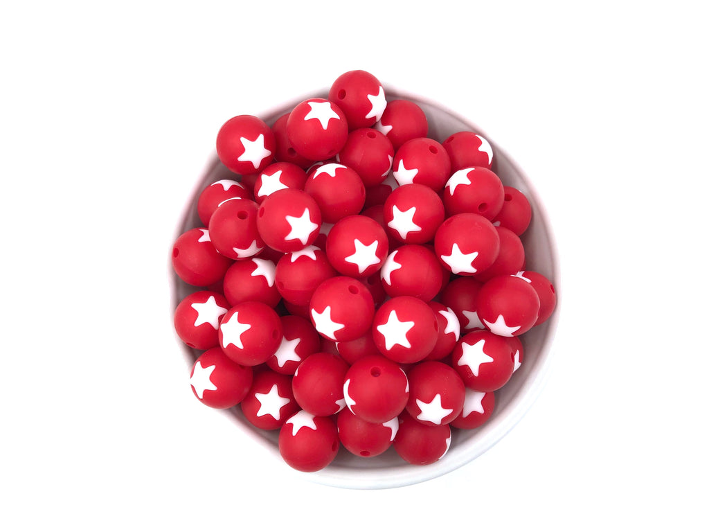15mm Red and White Star Silicone Beads