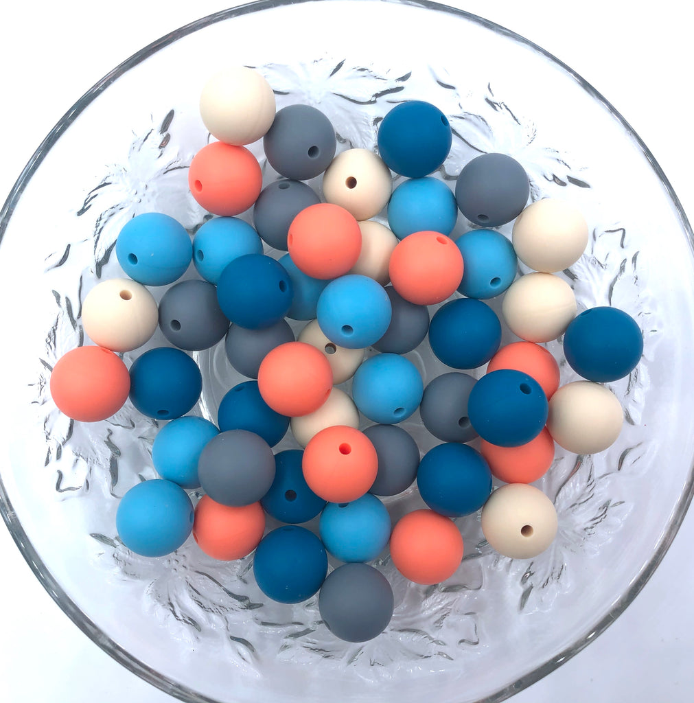Beige, Salmon, Island Blue, Teal Blue & Gray BULK Round Silicone Beads