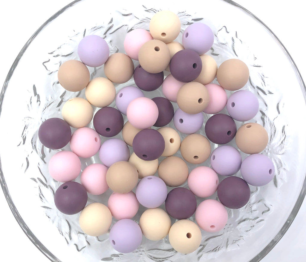 Beige, Oatmeal, Light Plum, Lavender Mist and Powder Pink BULK Round Silicone Beads
