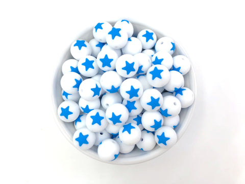 Limited Edition!   15mm White and Sky Blue Star Silicone Beads