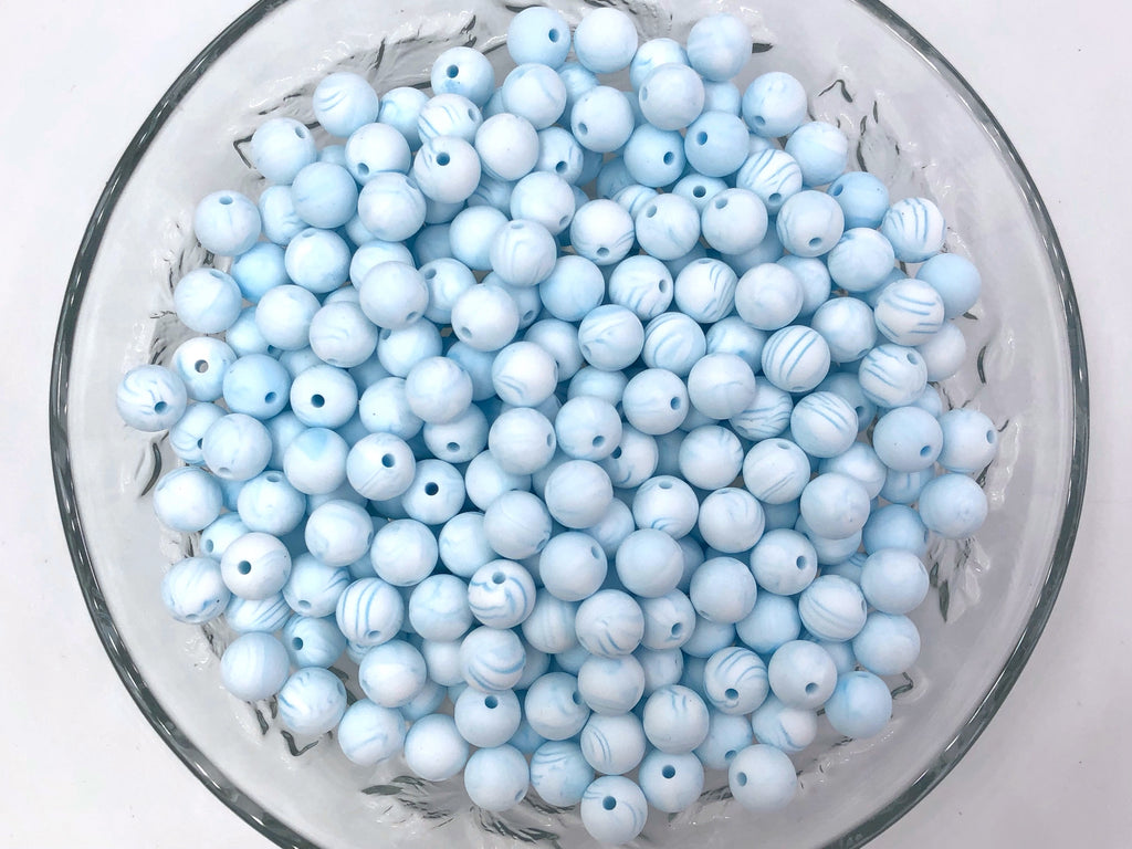 9mm Blue Marble Silicone Beads