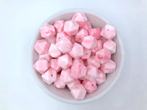 14mm Pink Marble Hexagon Silicone Beads