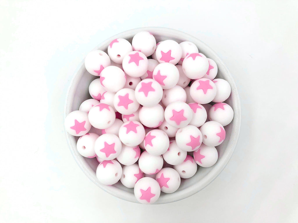 Limited Edition!   15mm White and Pink Star Silicone Beads
