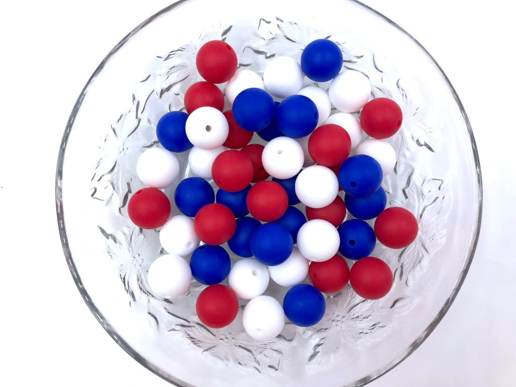 Red, White and Royal Blue 50 or 100 BULK Round Silicone Beads