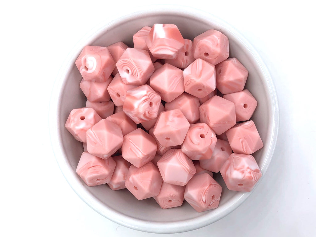 14mm Marble Strawberry Ice Hexagon Silicone Beads