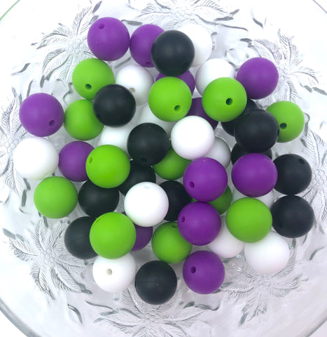 White, Green, Purple and Black Halloween Mix, 50 or 100 BULK Round Silicone Beads