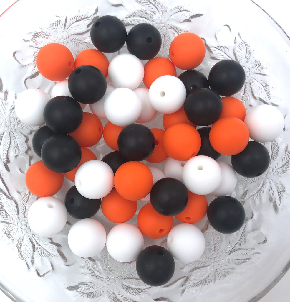 White, Orange and Black Halloween Mix, 50 or 100 BULK Round Silicone Beads