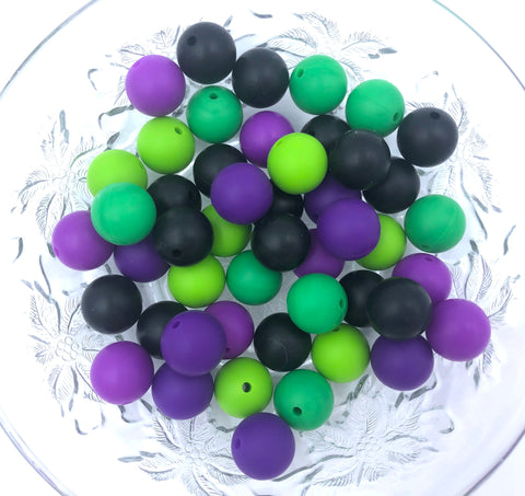 Shades of Green, Purple & Black Halloween Mix, 50 or 100 BULK Round Silicone Beads