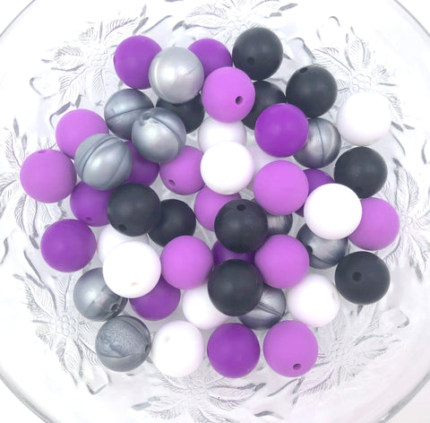 Shades of Purple, Black, White and Silver Halloween Mix, 50 or 100 BULK Round Silicone Beads