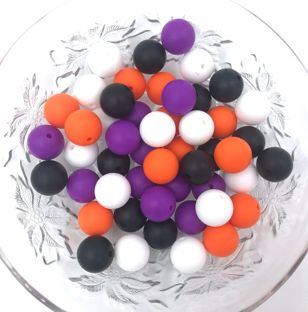 Orange, Purple, White, and Black Halloween Mix, 50 or 100 BULK Round Silicone Beads