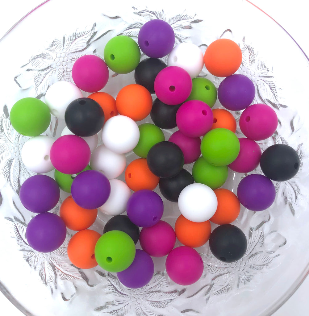 White, Orange, Green, Hot Pink, Royal Purple, and Black Halloween Mix, 50 or 100 BULK Round Silicone Beads