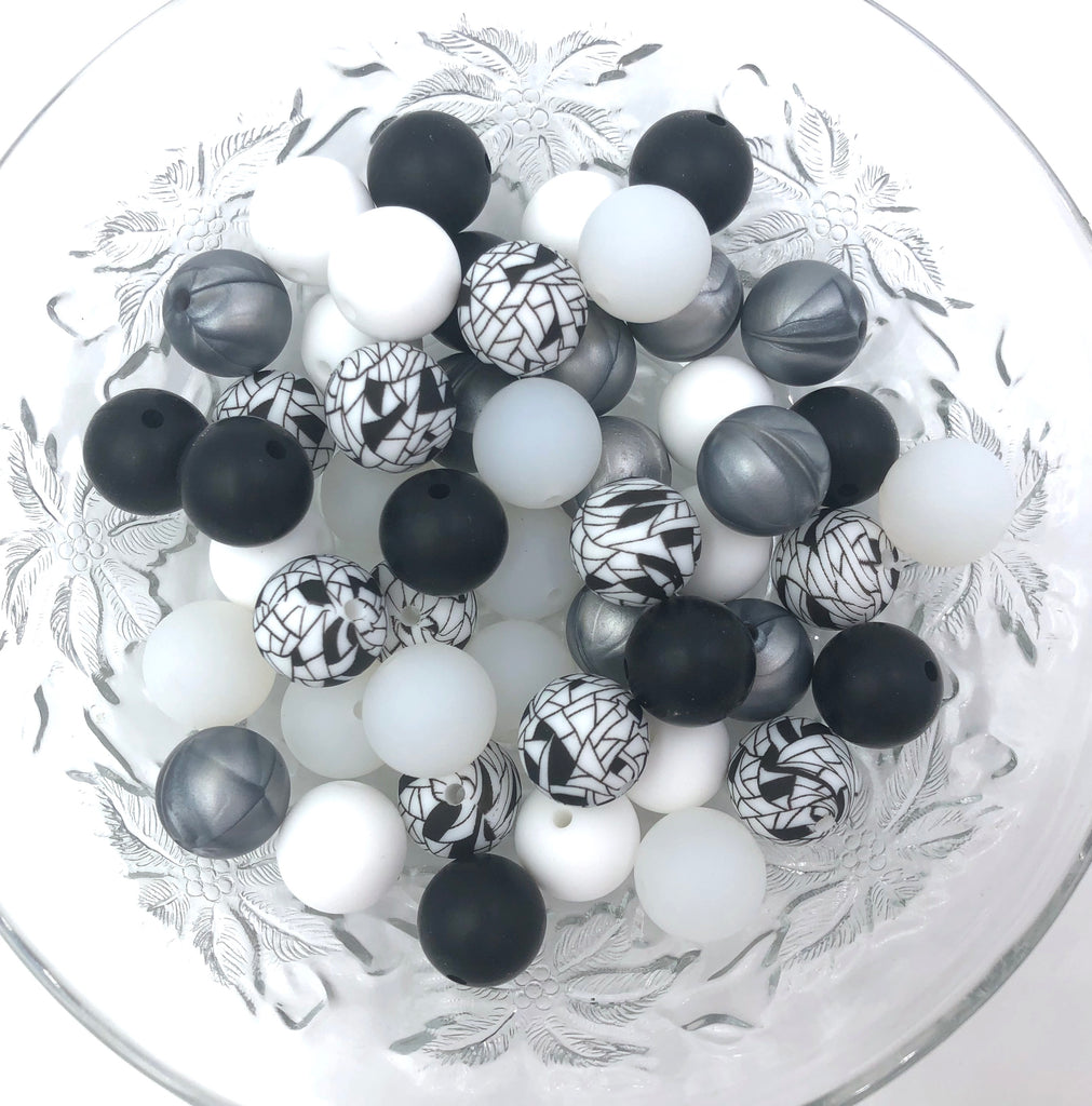 Web Print Silicone Bead Mix,  Black, White, Clear, Silver & Web Beads