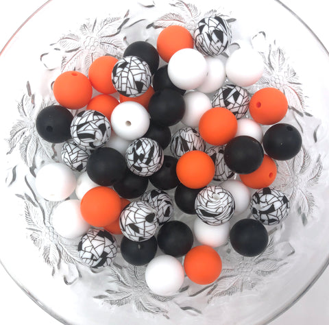 Web Print Silicone Bead Mix,  White, Orange, Black & Web Beads