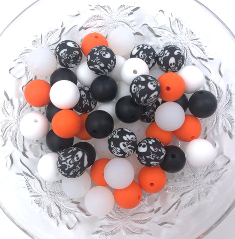 Skull Print Silicone Bead Mix,  White, Clear, Orange, Black & Skull Beads