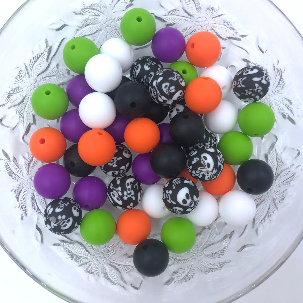 Skull Print Silicone Bead Mix,  White, Orange, Green, Royal, Black & Skull Beads