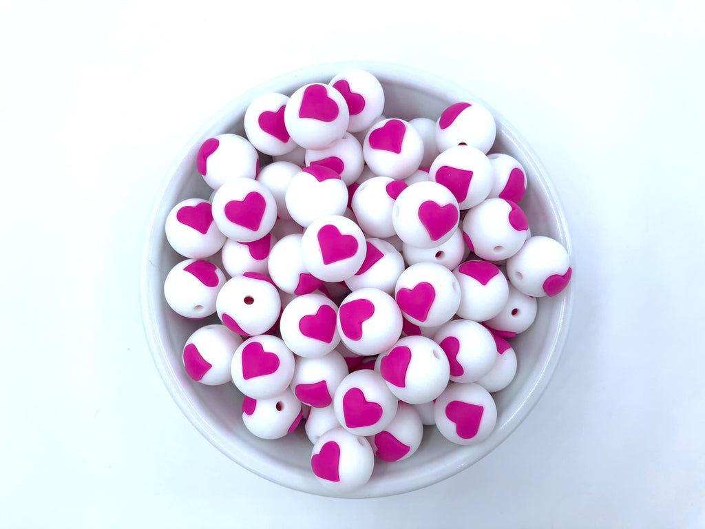 Limited Edition!  15mm White and Hot Pink Heart Silicone Beads