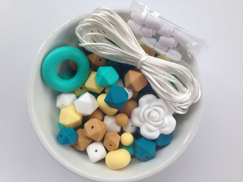Turquoise, Mustard, Teal Blue, White and Cream Yellow Bulk Silicone Bead Mix