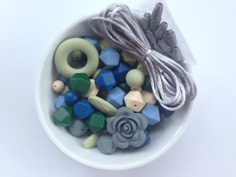 Shades of Blue, Forest Green, Sage and Gray Bulk Silicone Bead Mix