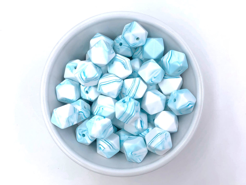 14mm Teal Marble Hexagon Silicone Beads