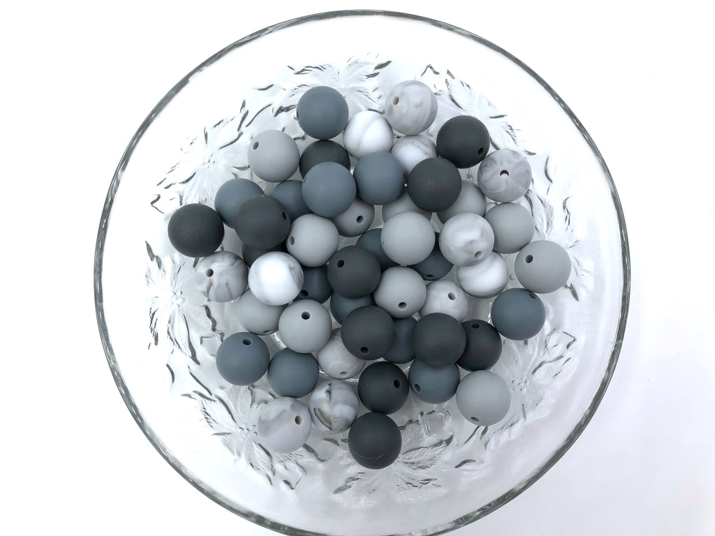 Shades of Gray Mix, 50 or 100 BULK Round Silicone Beads