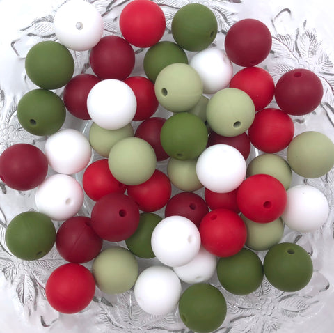 Country Christmas Mix, 50 or 100 BULK Round Silicone Beads--Sage, Army Green, White, Red, Cranberry