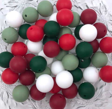 Classic Christmas Mix, 50 or 100 BULK Round Silicone Beads--White, Red, Cranberry, Forrest Green, Green Tea