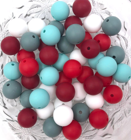 Jack Frost Christmas Mix, 50 or 100 BULK Round Silicone Beads-- White, Red, Cranberry, Beach Blue, and Cool Caribbean