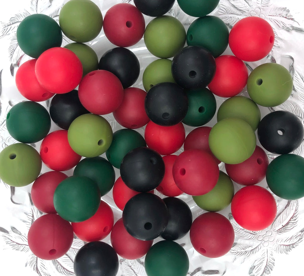 Christmas Eve Mix, 50 or 100 BULK Round Silicone Beads--  Forrest Green, Army Green, Black, Cranberry and Red