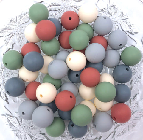 Rustic Christmas Mix, 50 or 100 BULK Round Silicone Beads--  Ivory, Maroon, Green Tea, Light Gray, Gray