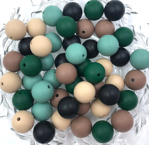 Christmas Tree Mix, 50 or 100 BULK Round Silicone Beads--  Forrest Green, Green Tea, Black, Caramel Brown, and Oatmeal