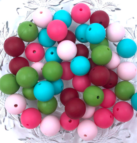 Christmas Candy, 50 or 100 BULK Round Silicone Beads-- Powder Pink, Light Hot Pink, Cranberry, Turquoise, and Olive Green.