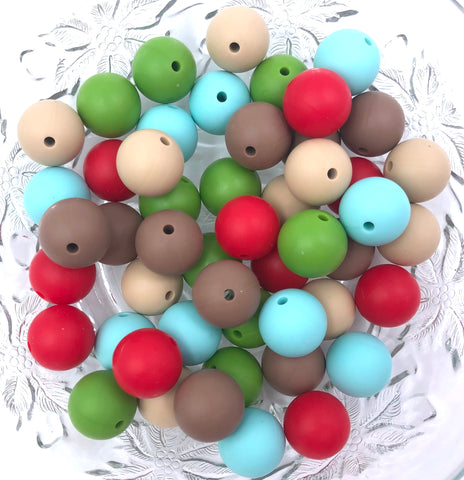 Santa Reindeer Christmas Mix, 50 or 100 BULK Round Silicone Beads--Red, Olive, Cool Caribbean, Oatmeal, Coffee