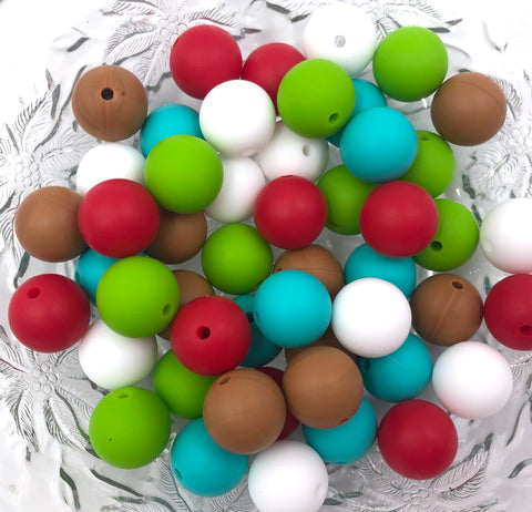 Gingerbread Man Christmas Mix, 50 or 100 BULK Round Silicone Beads-- White, Red, Green, Turquoise, Hazelnut