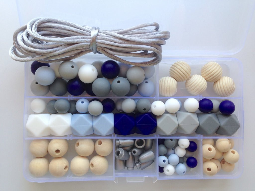 White, Baby Blue, Navy, Light Gray & Gray Silicone & Wood DIY Necklace Kit