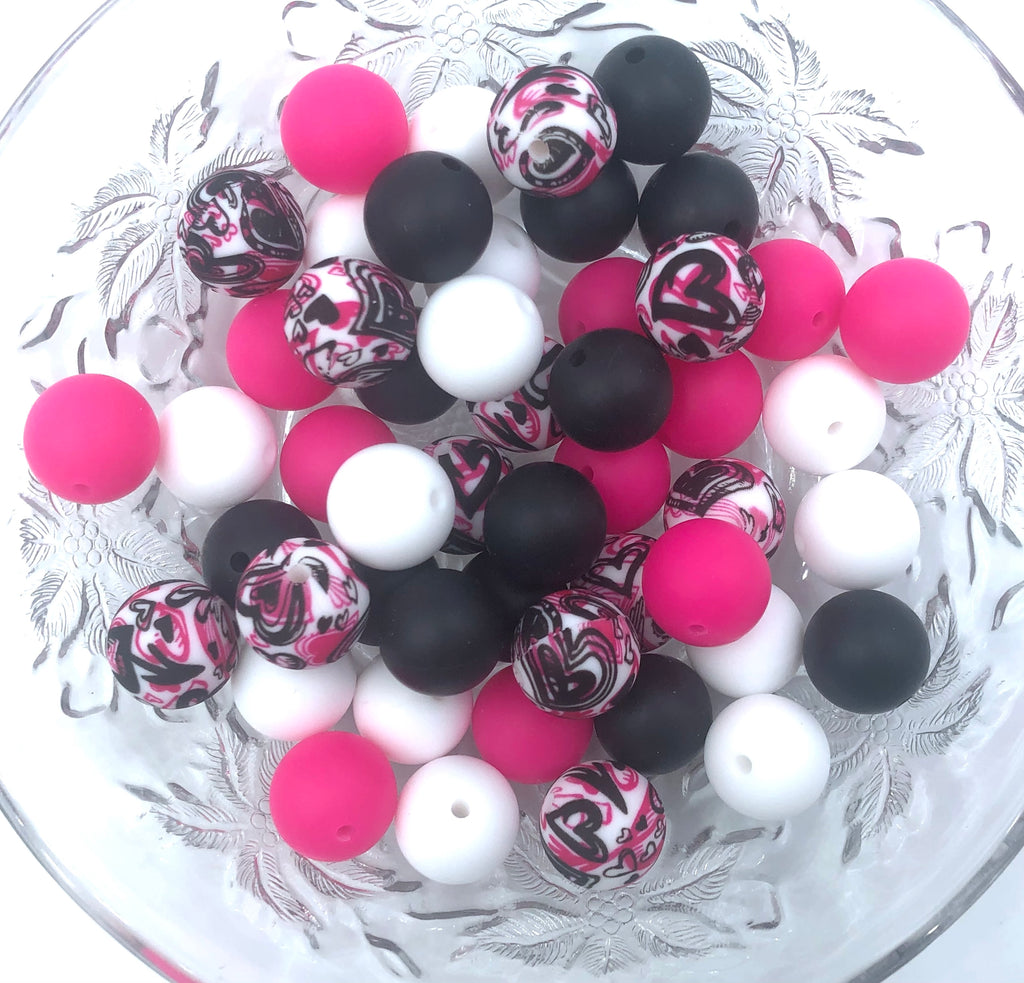 Double Heart Silicone Bead Mix--Black, White, Fuchsia