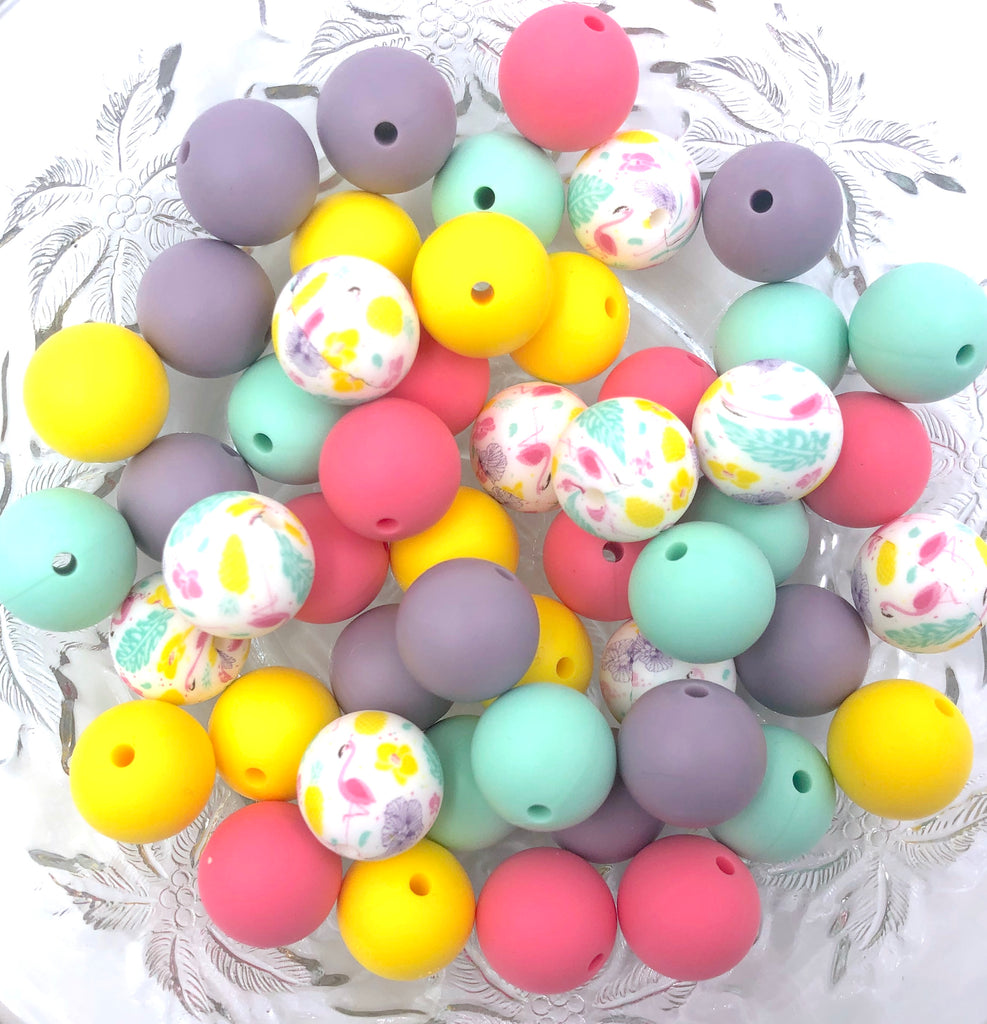 Flamingo & Flowers Silicone Bead Mix--Yellow, Amethyst, Mint, Perfectly Pink