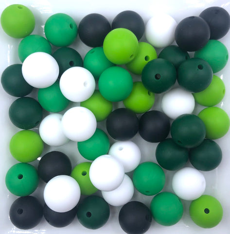 St. Patrick's Day "Kiss Me I'm Irish" Silicone Bead Mix, Wholesale Round Silicone Beads-- White, Green, Kelly Green, Forrest & Black