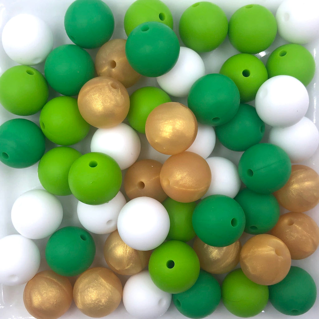 St. Patrick's Day "Pot of Gold" Silicone Bead Mix, Wholesale Round Silicone Beads--Metallic Gold, White, Green, Kelly Green