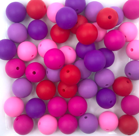 Valentine's Day "Sweetheart" Silicone Bead Mix--  Pink, Hot Pink, Red, Royal Purple, Lavender Purple.