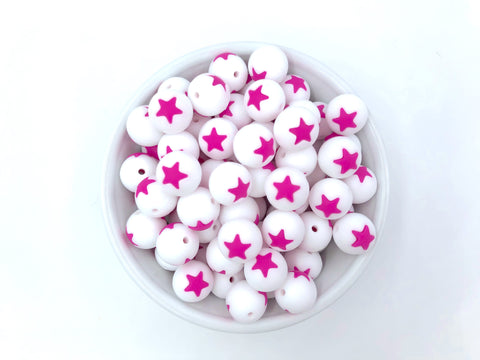 Limited Edition!   15mm White and Hot Pink Star Silicone Beads