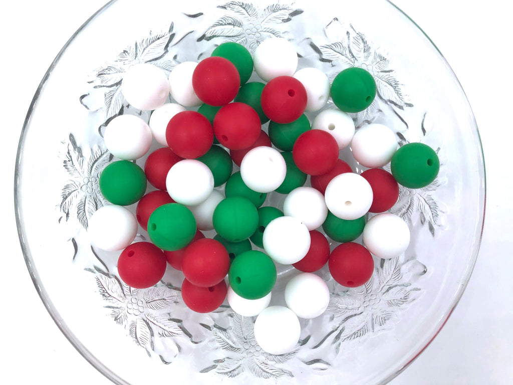 Red, Green & White Mix, 50 or 100 BULK Round Silicone Beads
